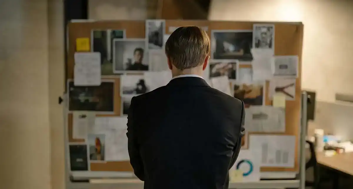 Detektiv vor einer Pinnwand mit Ermittlungsdokumenten – Alpha Sicherheit und Detektei München