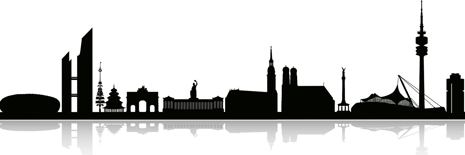 Münchens Silhouette mit Olympiaturm, Frauenkirche und Siegestor im Vordergrund.